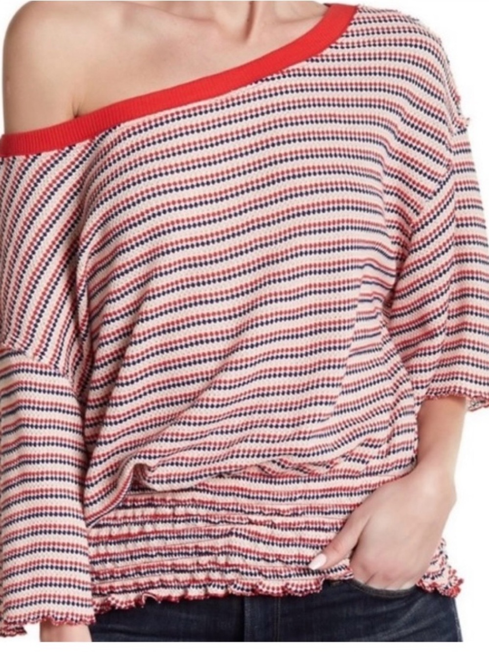 Free People Ebony Top Smocked Stripe Tee in Red Flare Sleeve M